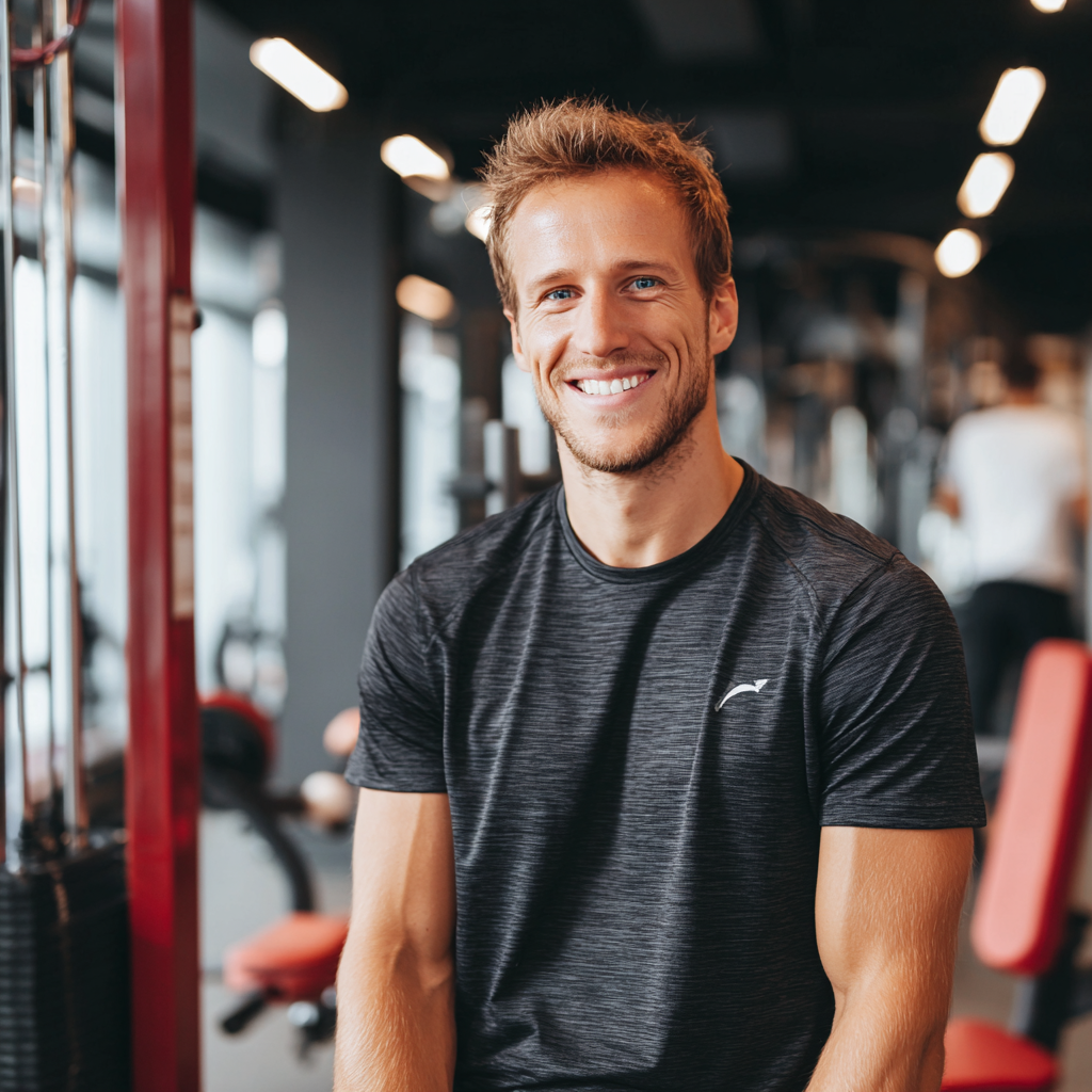 Középkorú magyar nő mosoly az arcán, fitness ruhában, testanalízis közben professzionális környezetben